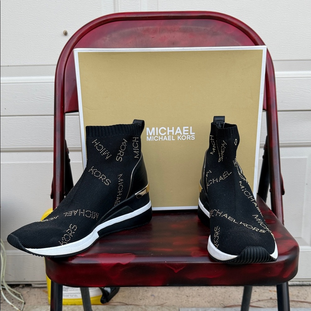 Michael Kors Black and Gold Knit Sneakers with Box